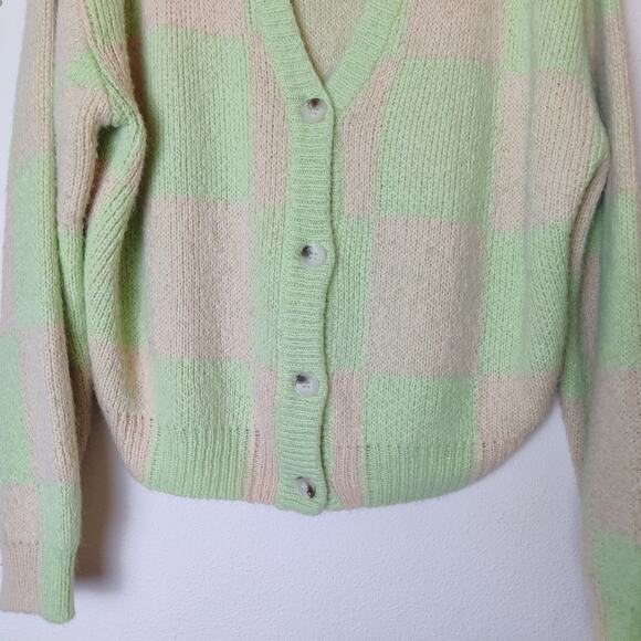 Stine Goya Amara Checker Pastel Green Peach Alpaca Knit Cardigan Sweater Medium - Picture 7 of 15